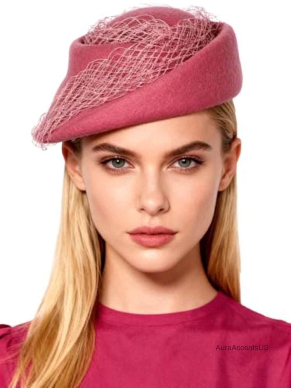 Wool Felt Beret Pillbox Fascinator Hat with Bow Veil for Church Wedding
